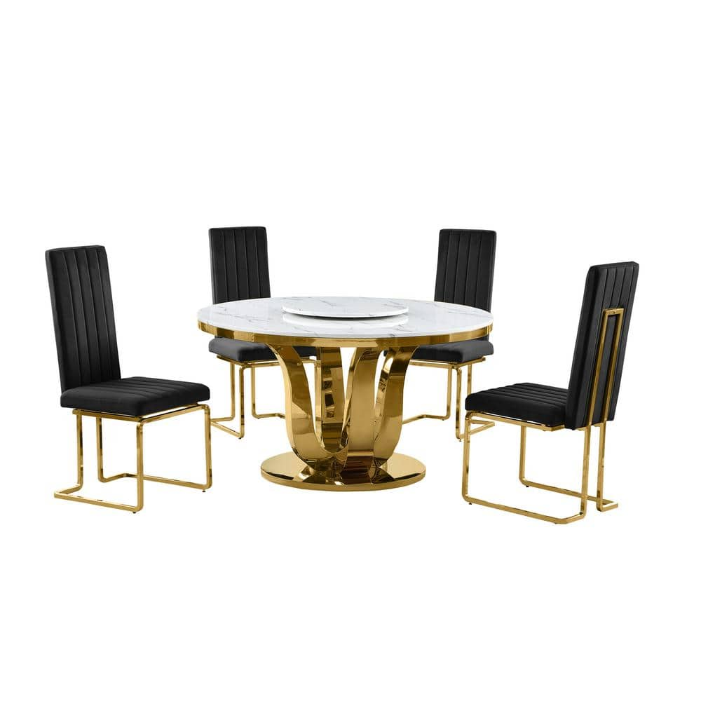 Farrah 5-Piece Round White Marble Top Lazy Susan Gold Stainless Steel Dining Set With 4 Black Velvet Fabric Chairs -  Best Quality Furniture, D325-4SC346