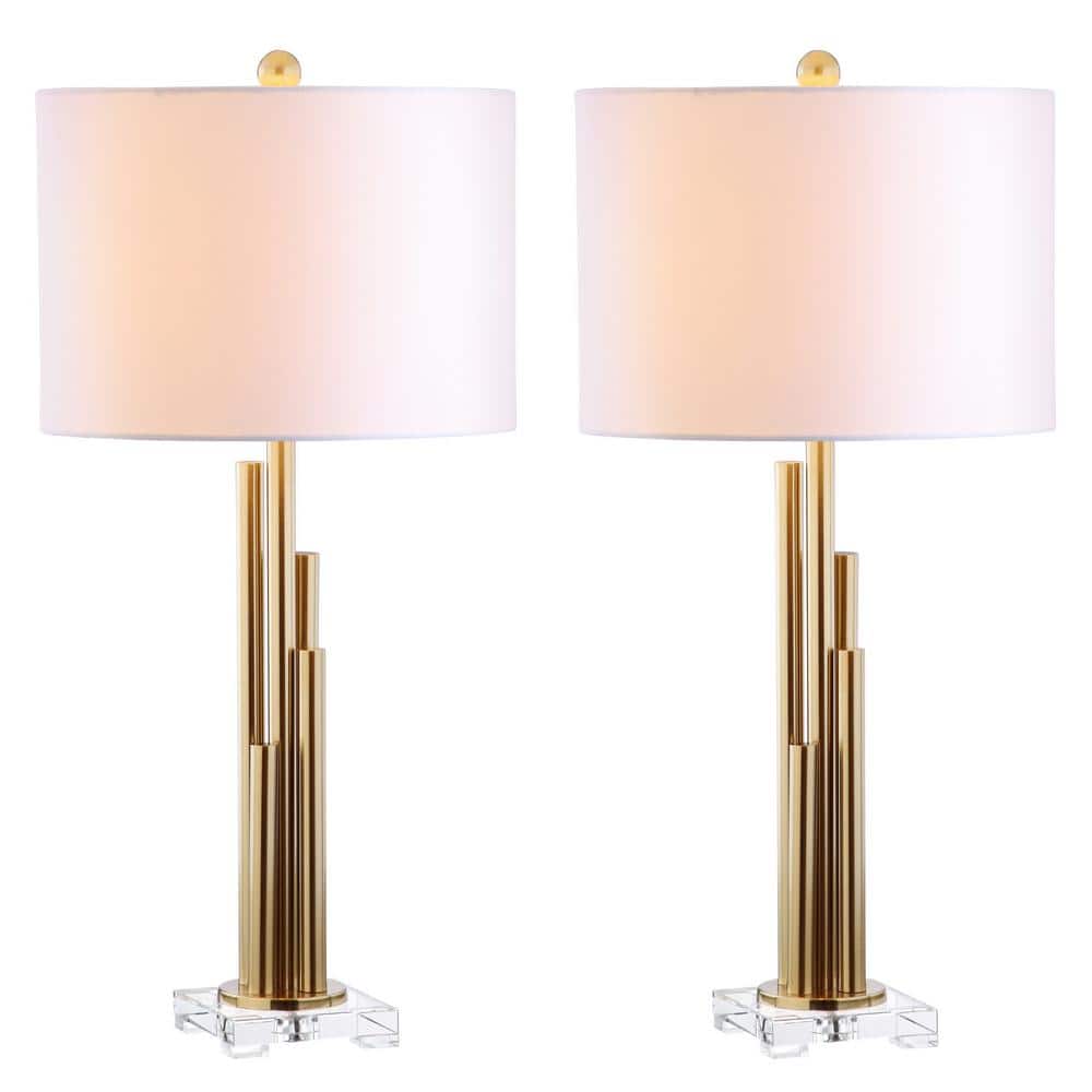 Hopper Brass Gold Table Lamp Set with White Linen Shade