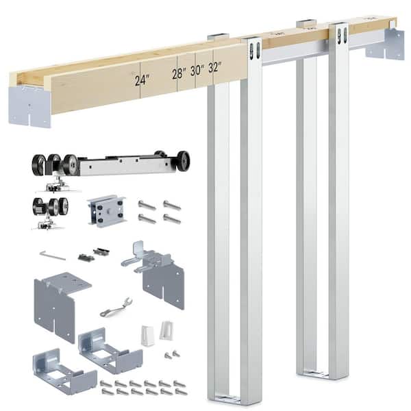 24 in. to 36 in. x 80 in. Aluminium & Wood Pine Universal Pocket Door Frame with Hardware Kit and Soft Close(No Door)