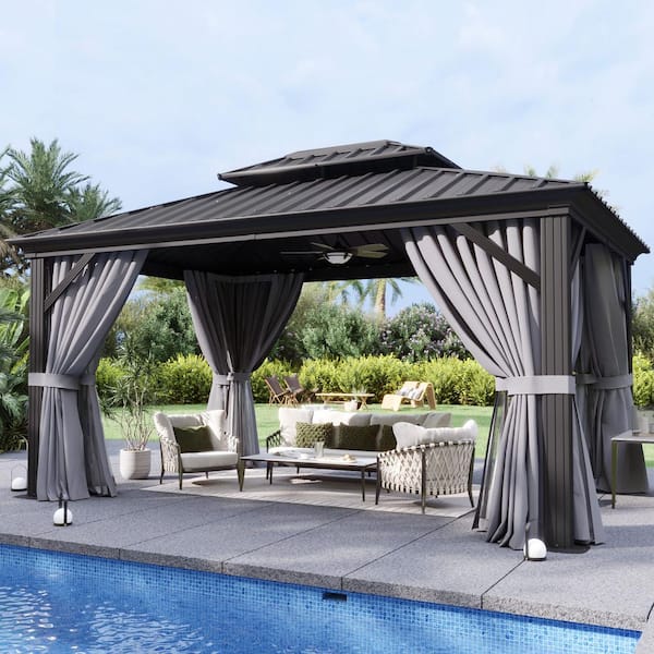 Sizzim 12 ft. W x 10 ft. D Black Aluminum Double Roof Hardtop Gazebo with Ceiling Hook, Curtains and Netting