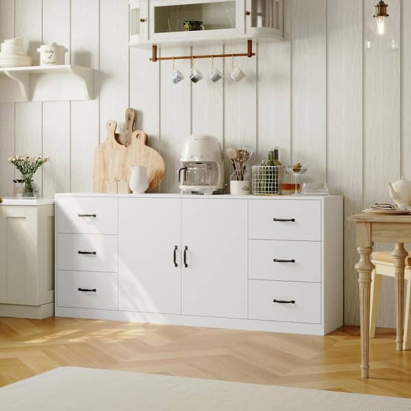 FUFU&GAGA Large Kitchen White Wood 70.9 in. Width Sideboard Buffet with 2-Doors and 6-Drawers, Buffet Sideboard for Dining Room