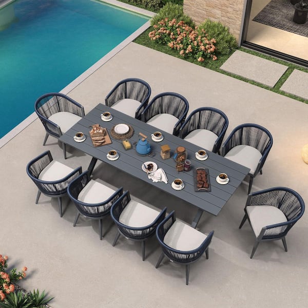 11-Piece Aluminum All-Weather Wicker Outdoor Dining Set with Cushion, Grey and Navy