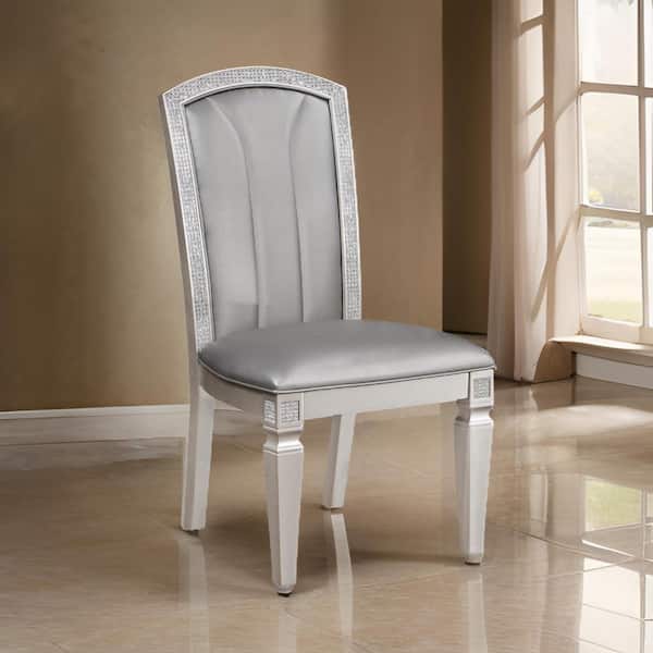 Benjara Gray, Taupe and Silver Faux Leather Side Chair with Padded Backrests for Ultimate Comfort (Set of 2)
