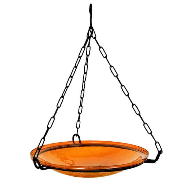 Reflective Crackle Glass Hanging Birdbath Bowl, 14 in. dia. Orange