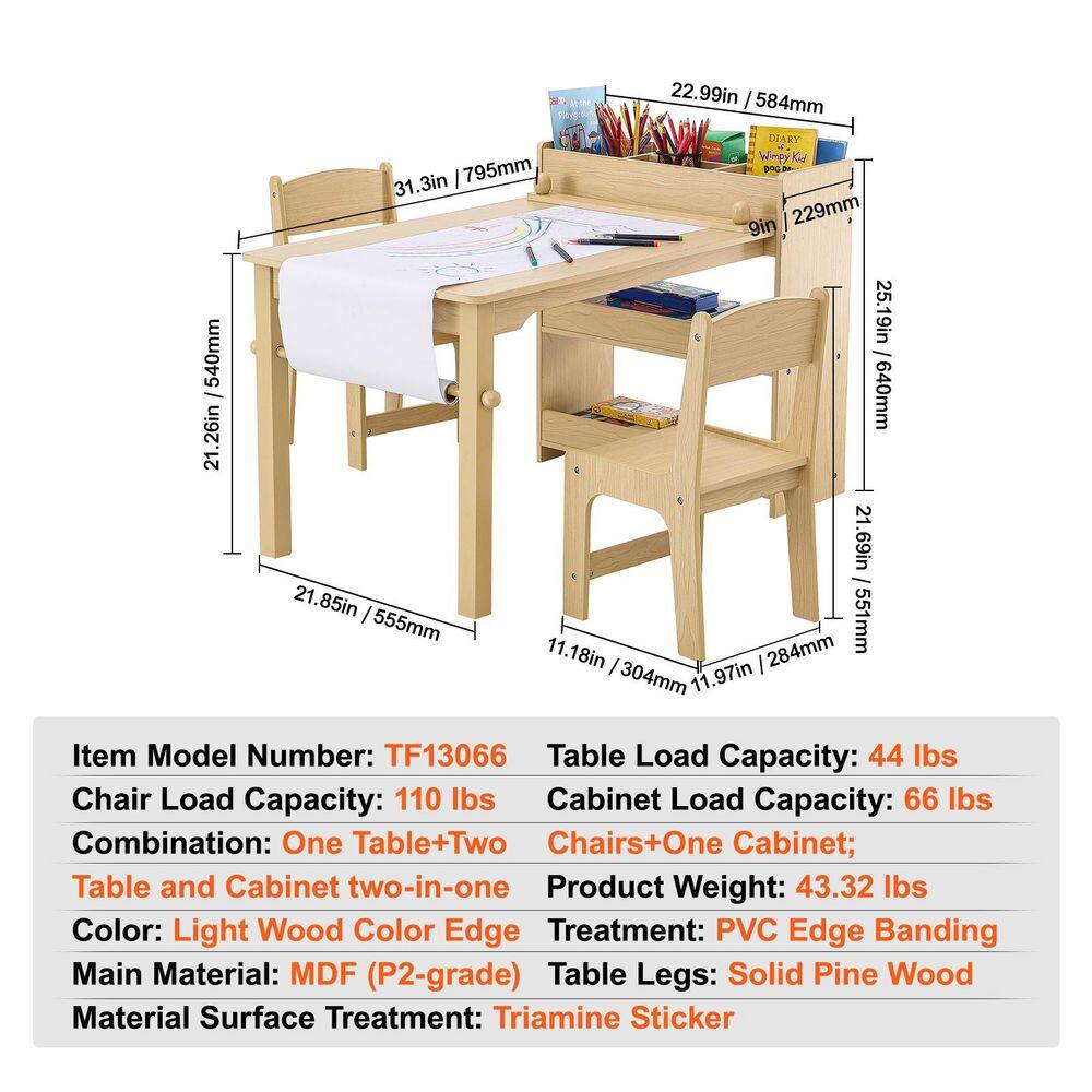 Specifications for the MDF P2-grade wood table and chair set.