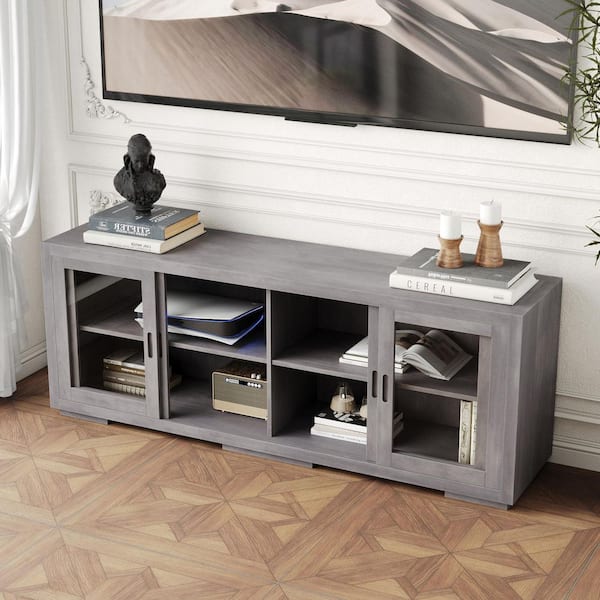 Gray Wood TV Stand Fits TVs up to 70 in. with Adjustable Shelves, Sliding Glass Doors, Waterproof Tabletop