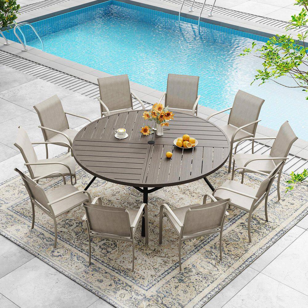 11-Piece Outdoor Patio Dining Set with 59.8 in. Grey Wood-Like Round Table and 10-Sandshell Dining Chairs price history on PriceWatchPro