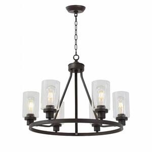 6-Light Antique Black Industrial Wagon Wheel Chandelier with Clear Glass Shades