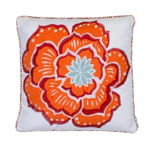 Abigail Orange Large Embroidered Applique Floral 18 in. x 18 in. Throw Pillow