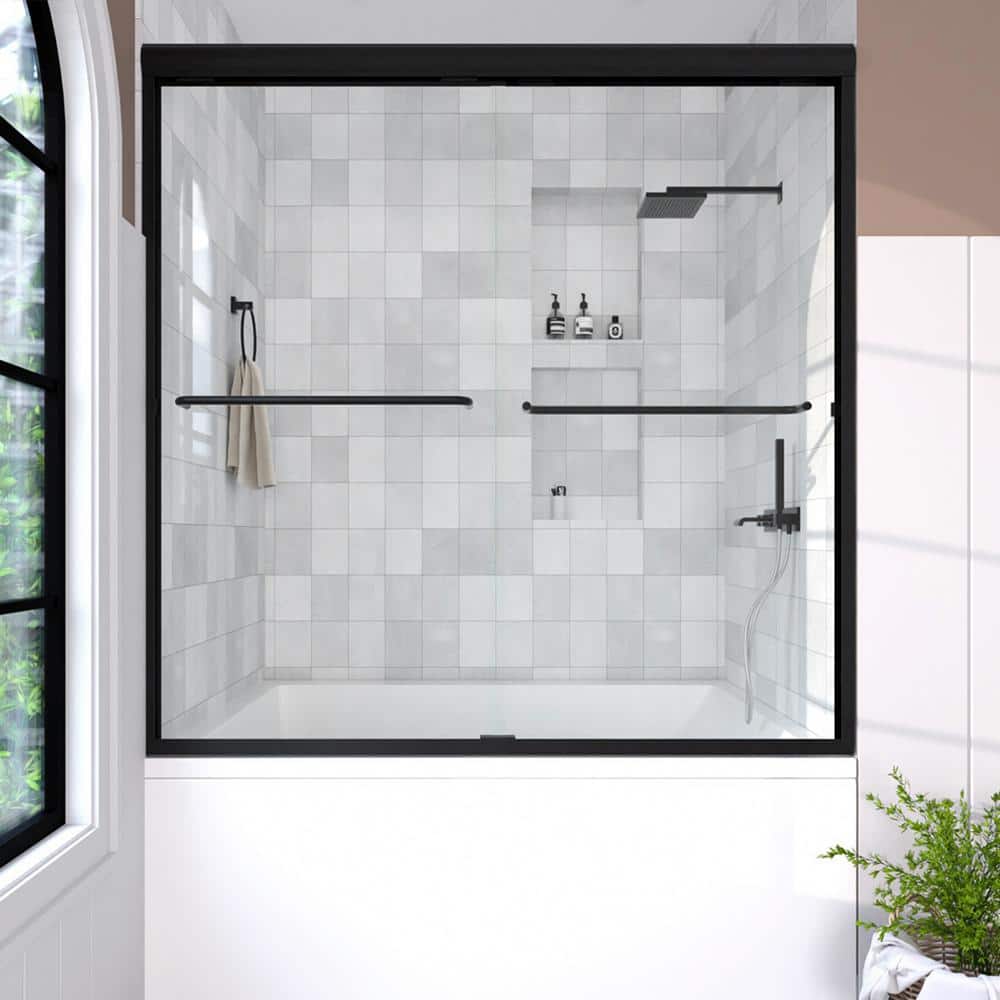 Nepti Matte Black Semi-Frameless Sliding Shower Door with Clear Glass