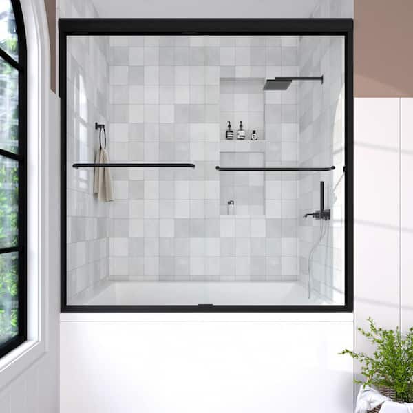Nepti 60 in. W x 56 in. H Sliding Semi Frameless Tub Door in Matte Black Finish with Clear Glass