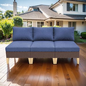 Brown 3-Piece Wicker Outdoor Sectional with Blue Cushions