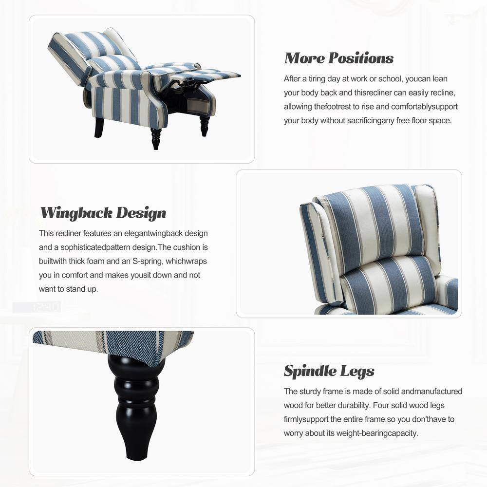 Stripe Navy Ergonomic Wingback Recliner Set with Wood Legs