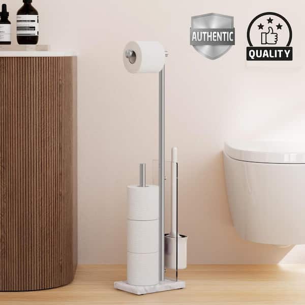 Bathroom Freestanding Toilet Paper Holder with Marble Base, Toilet Brush in Brushed Steel