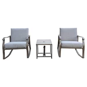 3-Pieces Metal Outdoor Bistro Rocking Conversation Sets with Coffee Table and Two Gray Cushions