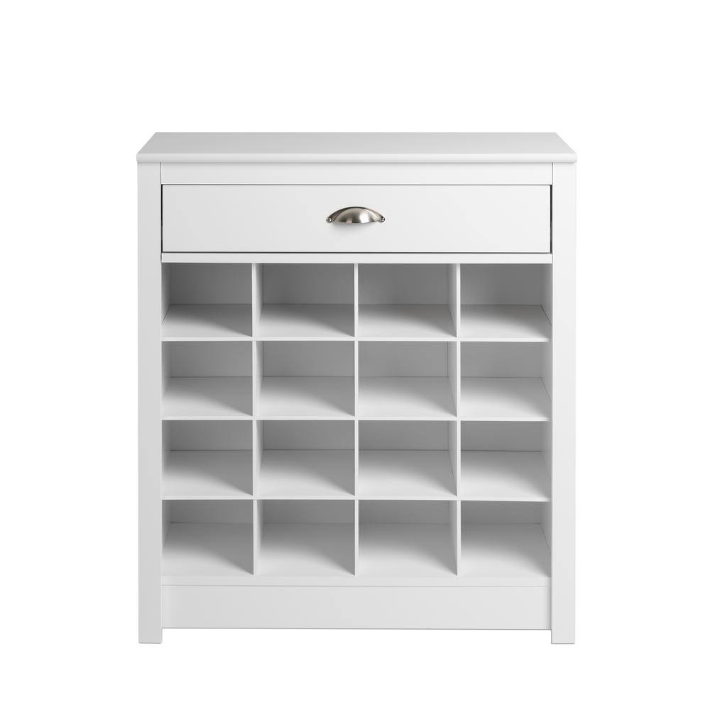 White 16-Cubby Entryway Shoe Storage Cabinet with Drawer