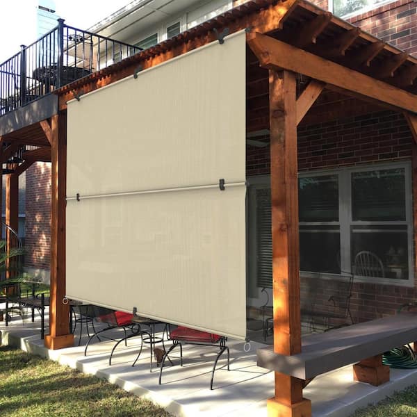 8 ft. x 6 ft. Beige Cordless Fold Shade Blind Sun Shade, UV Blockage for Patio Porch Backyard Gazebo Deck Balcony
