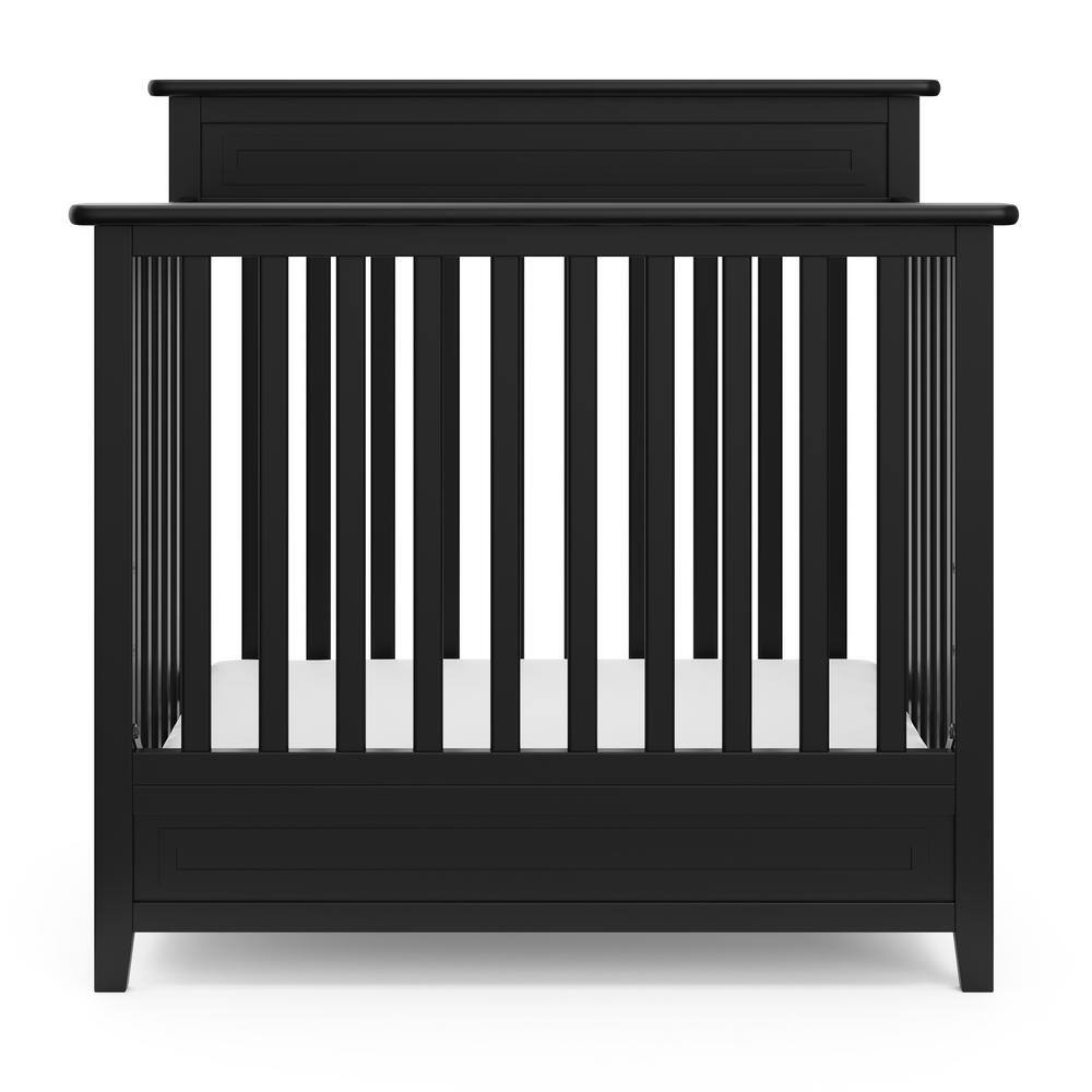 Petal Black Pine Wood 4-in-1 Convertible Mini Crib with Mattress