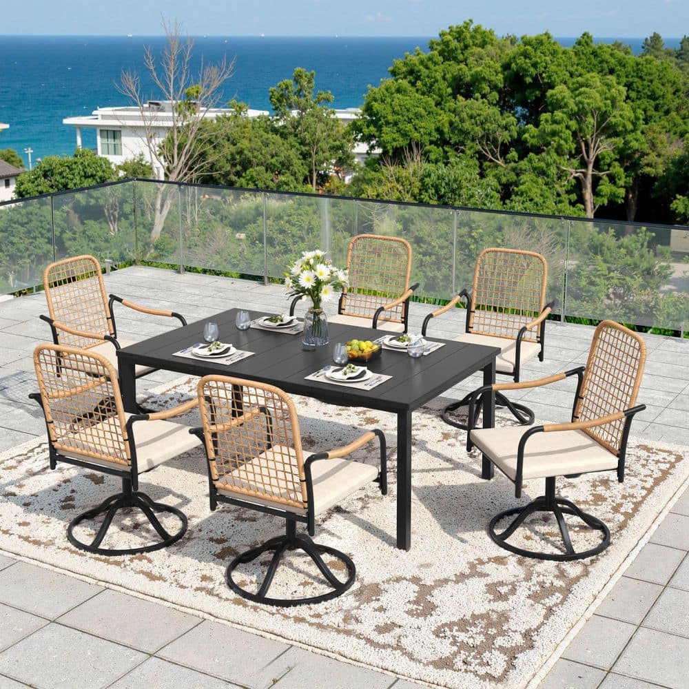 7-Piece Metal Outdoor Dining Set with 63 in. Black Rectangular Table and 6 Swivel Wicker Chairs with Beige Cushions