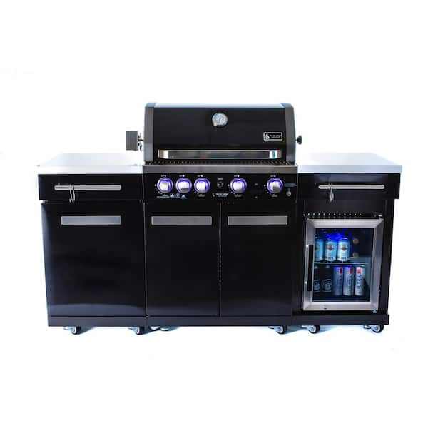 Compact Series 5-Burner Outdoor Kitchen Grill Island Propane Gas Grill Island with Fridge in Black Stainless Steel