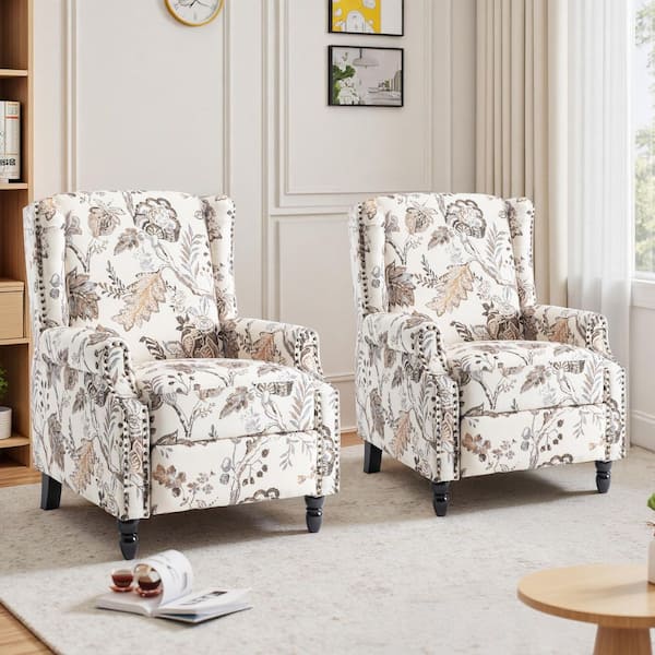 Plants Beige Linen Nailhead Trim Upholstered Manual Recliner Chair with Adjustable Footrest(Set of 2)