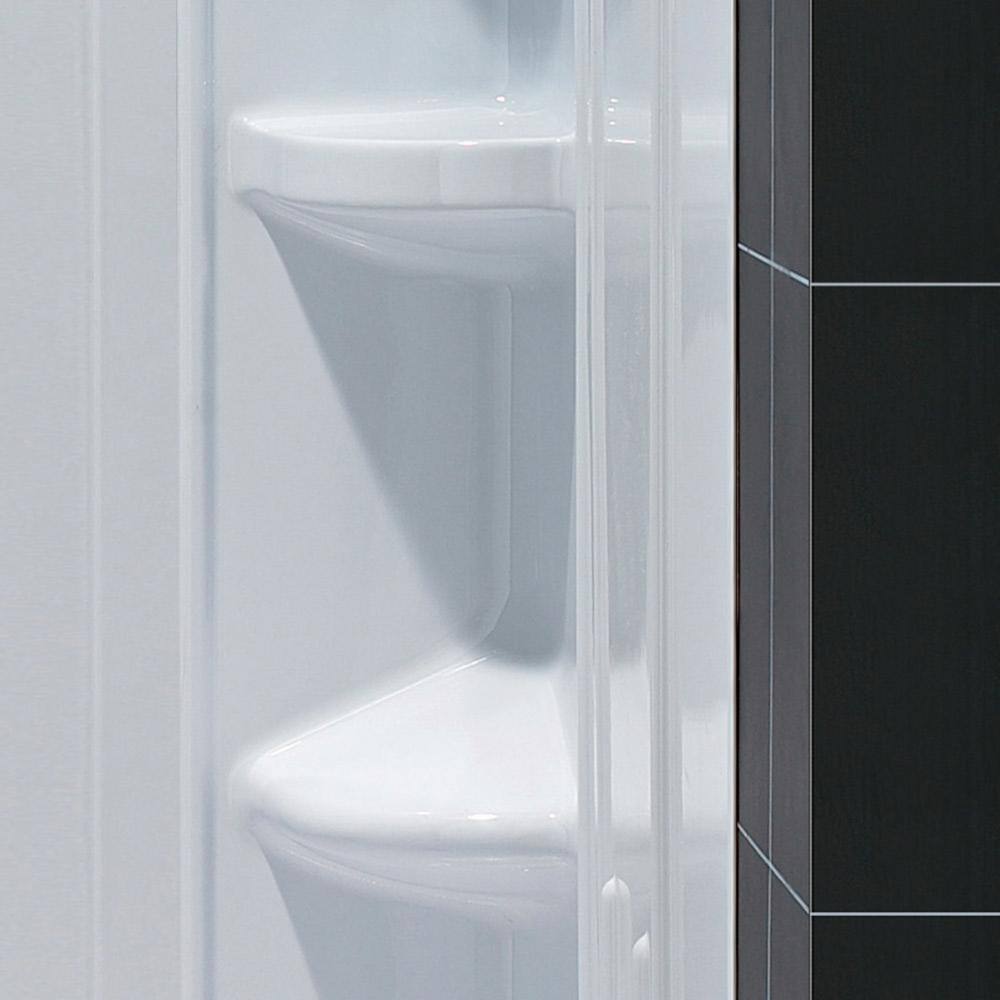 White Acrylic Corner Shower Kit with Shelves and Footrest