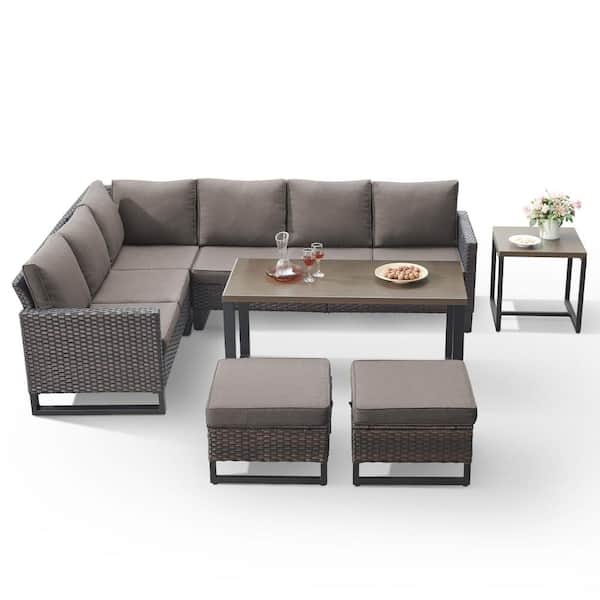 U-Series 7-Piece Outdoor Brown Wicker Sofa PE Rattan Wicker Patio Conversation Set with CushionGuard Cushions (Gray)