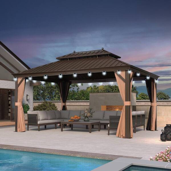PURPLE LEAF 11 ft. x 15 ft. Bronze Patio Outdoor Gazebo for Backyard Hardtop Aluminum Frame W/ Hook,Netting,Khaki Curtain, 24 Lights