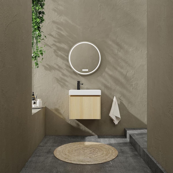 14 in. W x 24 in. D x 21 in. H 1-Sink Wall Mounted Bath Vanity in Oak with White Resin Top