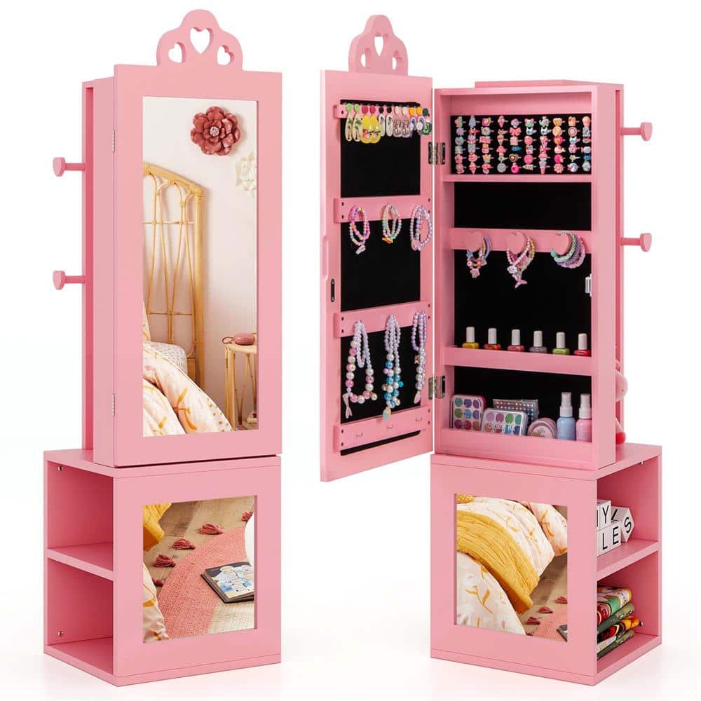 Costway Kids Pink Wood Jewelry Cabinet Standing Children Jewelry