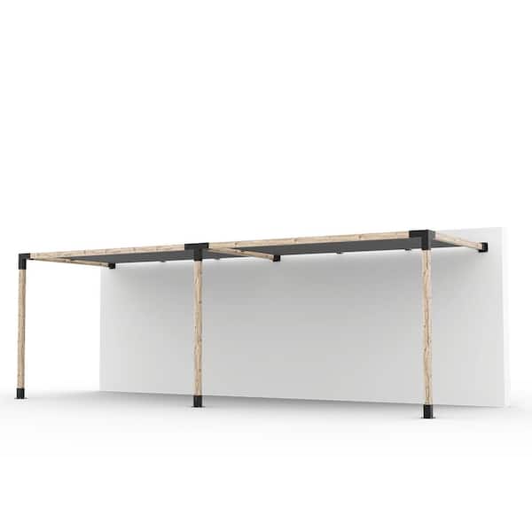 TOJA GRID 8 ft. x 24 ft. Double Wall Mount Pergola Kit with 2 Graphite Shade Sails 4x4 Wood
