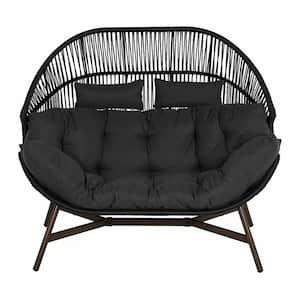 Oversized Wicker Outdoor Egg Basket Lounger Chair for 2 Persons with Stand and Black Thicked Cushions