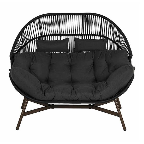 Clihome Oversized Wicker Outdoor Egg Basket Lounger Chair for 2 Persons with Stand and Black Thicked Cushions