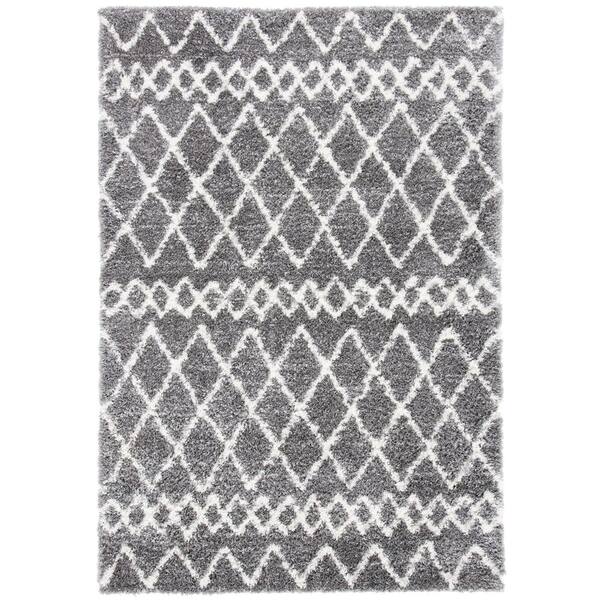 Berber Shag 5 ft. x 8 ft. Gray/Ivory Geometric Diamond Area Rug