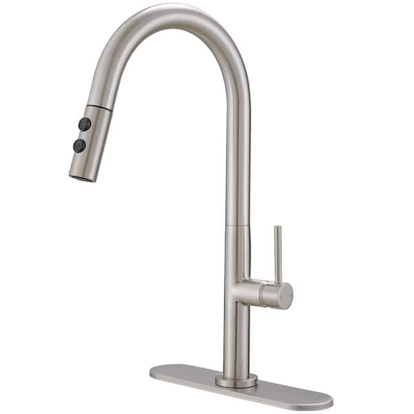 FLG Single Handle Pull Down Sprayer Kitchen Faucet with Advanced Spray Modern Brass Kitchen Sink Faucets in Brushed Nickel