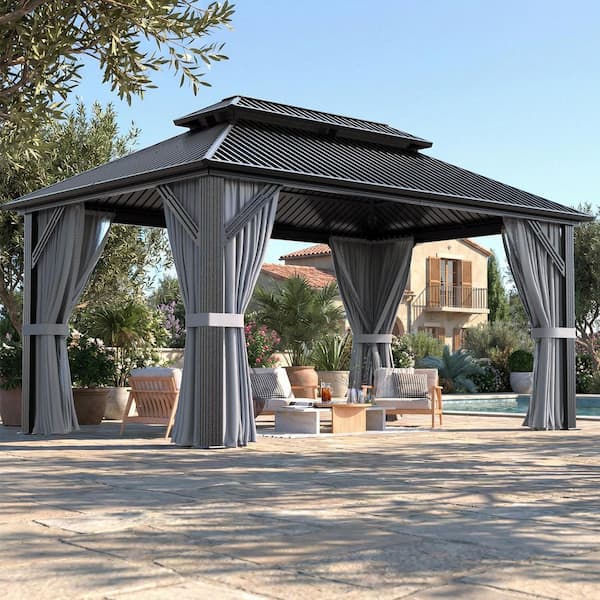 10 ft. x 14 ft. Hardtop Gazebo with Aluminum Frame, Galvanized Steel Double Roof Gazebo with Nettings and Curtains