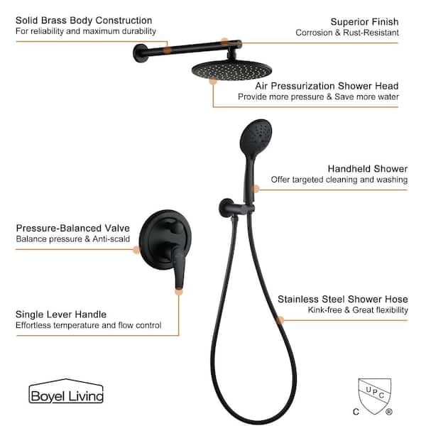 5-Spray Patterns with 2.66 GPM 9 in. Wall Mount Dual Shower Heads with Pressure Balance Round-In Valve in Matte Black 5-Spray Patterns with 2.66 GPM 9 in. Wall Mount Dual Shower Heads with Pressure Balance Round-In Valve in Matte Black