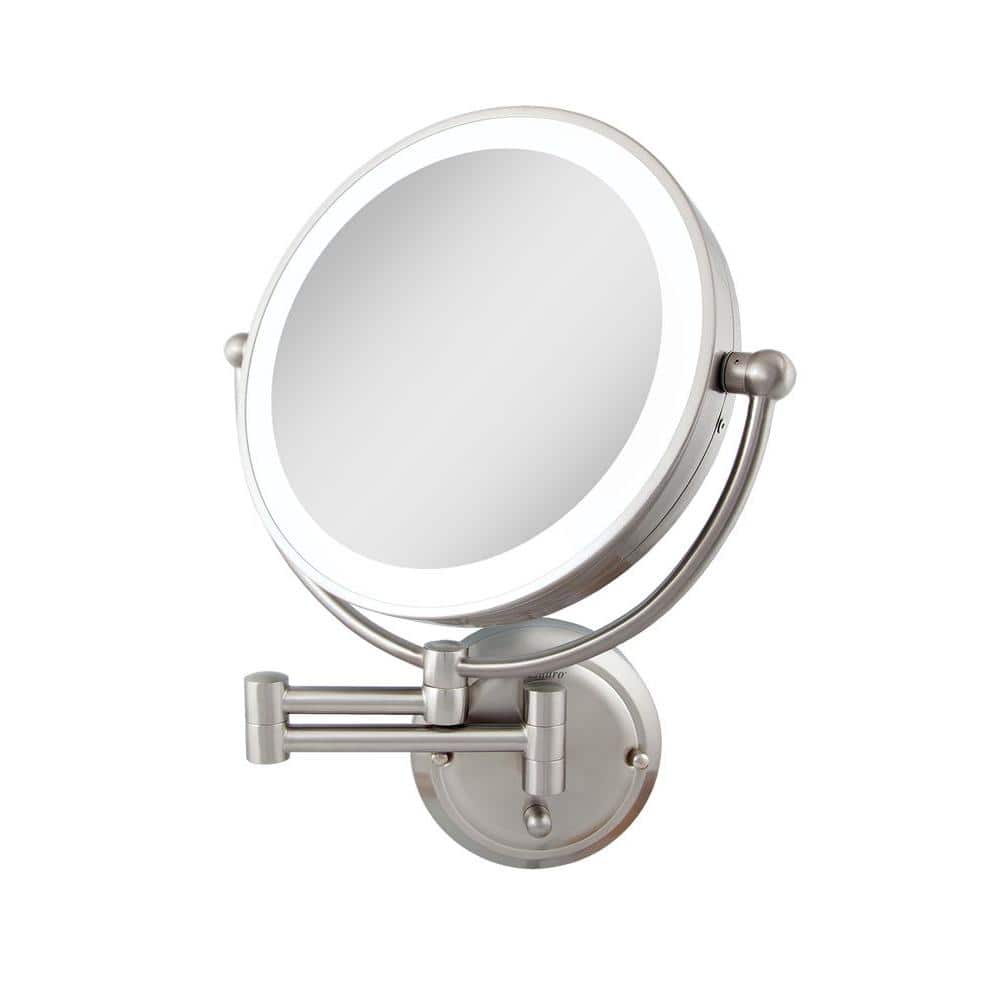 Satin Nickel 14" Dual-Sided 5X/1X Magnifying Wall Mirror with Adjustable Brightness