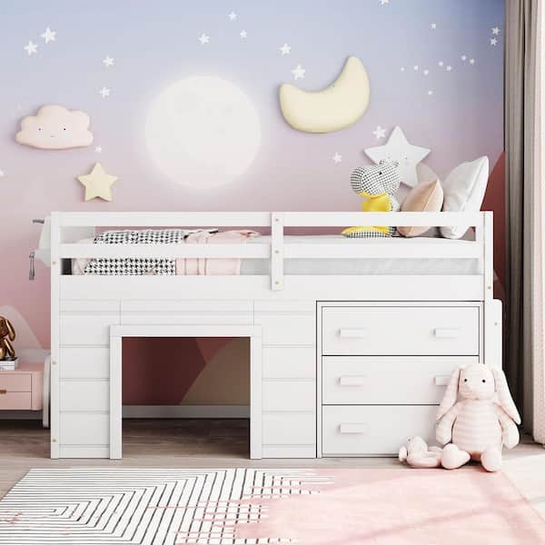 White Twin Wood Loft Bed with Cabinet and Shelf