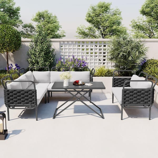 Tenleaf 5-Piece Black Metal Patio Conversation Set with Gray Cushions, Glass Table