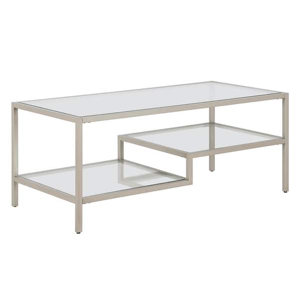 Meyer&Cross Lovett 45 in. Satin Nickel Large Rectangle Glass Coffee Table with Shelf
