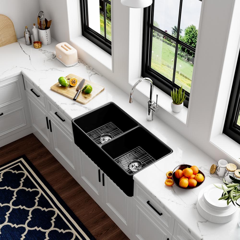 Matte Black Double Basin Fireclay Farmhouse Sink with Drainboard