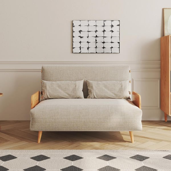 JASIWAY 43 in. Beige Linen Twin Size 2-Seat Sofa Bed with Wood