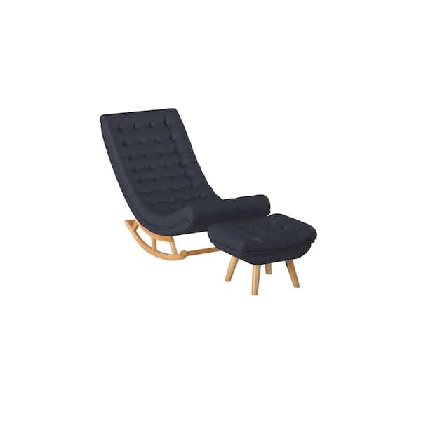 Barton Rubber Wood Leg Living Room Outdoor Rocking Chair Lounge Fabric Tufted Relaxing with Grey Cushion and Footrest Stool