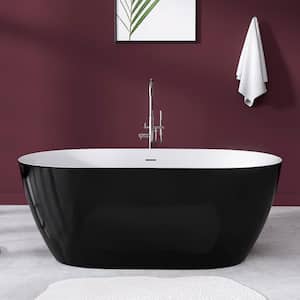 59 in. x 30 in. Acrylic Free Standing Soaking Tub Flatbottom Oval Freestanding Bathtub with Chrome Drain in Glossy Black