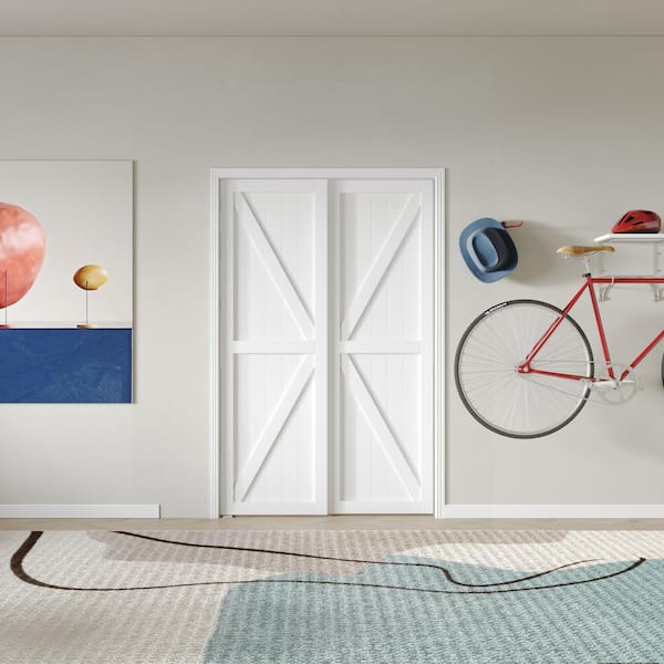 48 in. x 80 in. MDF Wood, White Double K Shape Sliding Door with All Hardware