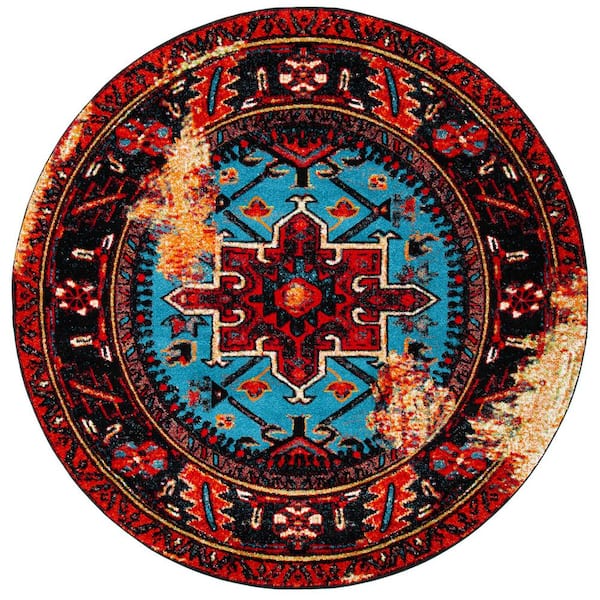 Vintage Hamadan Red/Light Blue 10 ft. x 10 ft. Floral Border Round Area Rug