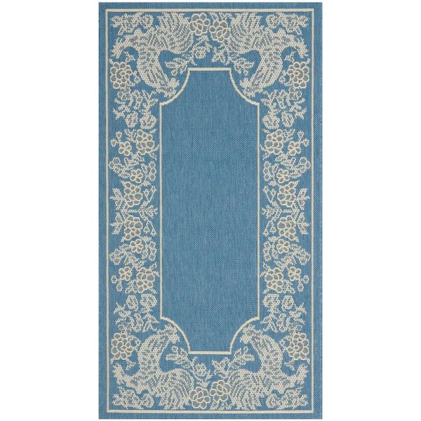 SAFAVIEH Courtyard Blue/Natural Doormat 3 ft. x 5 ft. Border Indoor/Outdoor Patio Area Rug
