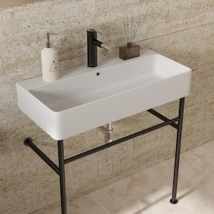 32 in. Ceramic White Console Sink Basin and Black Legs Combo with Overflow