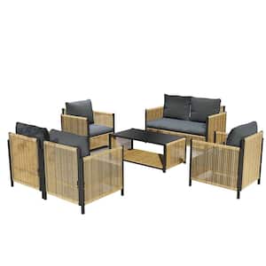 6-Piece Brown PE Wicker Patio Conversation Set with Gray Cushions